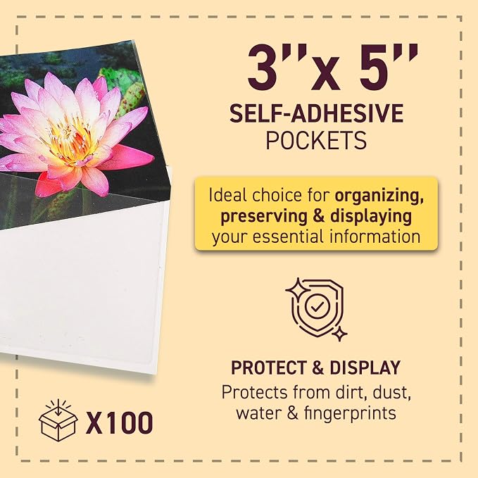 Tarifold Self-Adhesive Photo Pockets, 3 Inches x 5 Inches, Clear, 100 Pack | 100 clear polypropylene pockets, 3 inches x 5 inches, self-adhesive backing, protects photos and cards, top-loading
