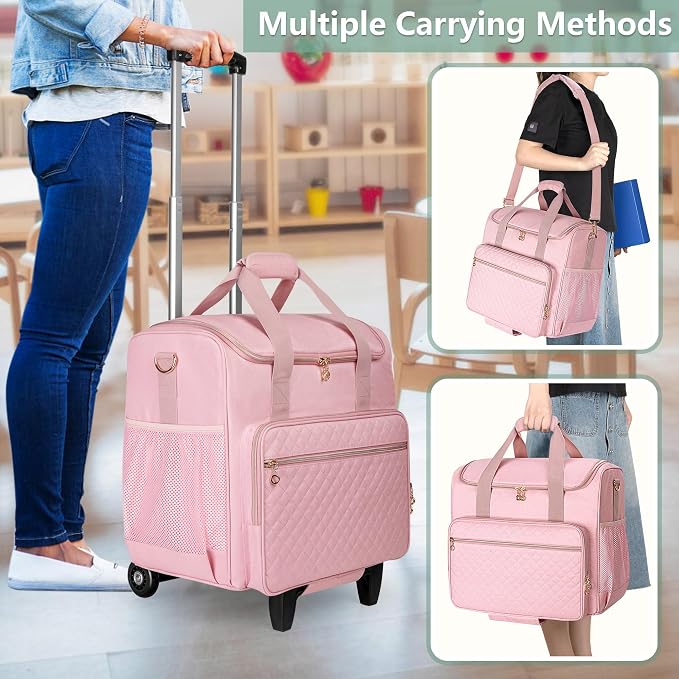 LUXJA Rolling Teacher Bag with Wheels and 15.6" Laptop Compartment, Pink | Rolling Briefcase for Women, Teacher Tote Bag for Office Work with Detachable Dolly and Shoulder Strap, Ample Storage Pockets