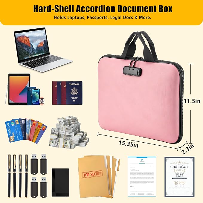 facka Fireproof Document Box with Lock, Hard-Shell Safe File Organizer | 13-Pocket Accordion Folder for Important & Legal Documents, Laptop, Passport, Cards & Valuables, Home Office Travel Pink