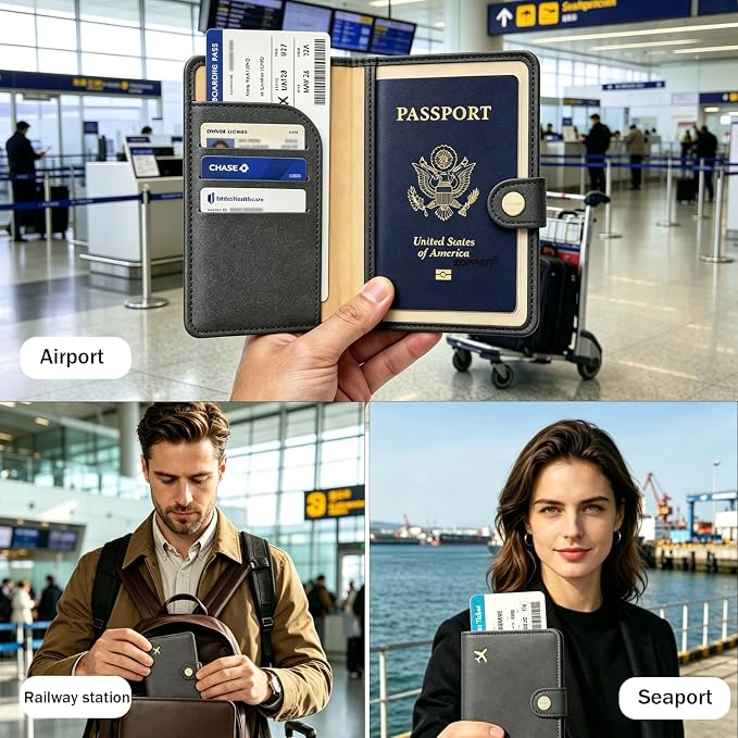 Passport Holder RFID Blocking Travel Wallet, Dark Grey | Passport Cover with Multiple Card Slots, Water-Resistant & Easy-Carry, Must-Have Travel Accessory for Men & Women.