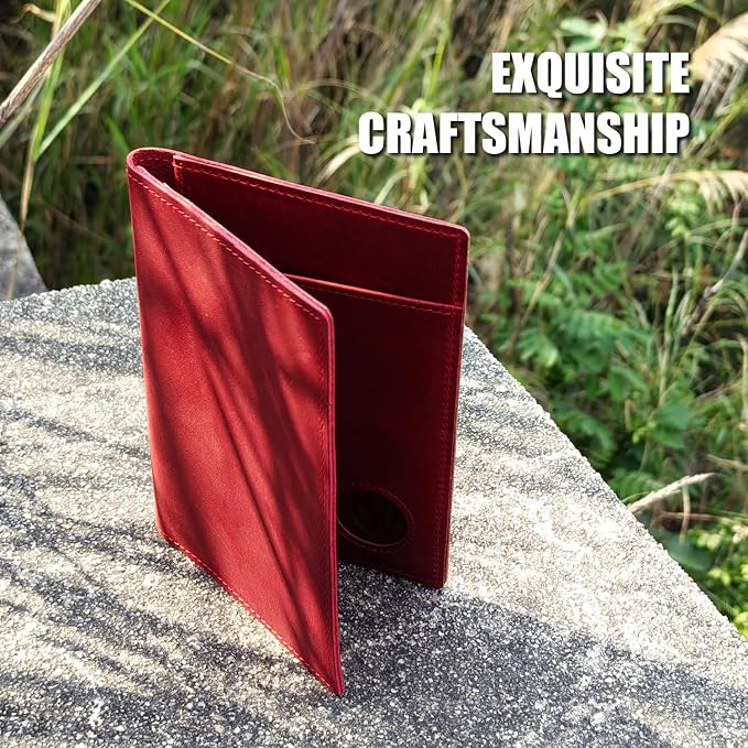 STAR VISTA Albatross Leather Travel Passport Holder, Minimalist Design, Full Grain Leather Case for Women and Men - Slim Passport Wallet, Bifold, RFID Blocking, with AirTag Holder, Crimson Red