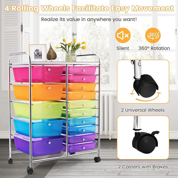 GLACER 15 Drawers Rolling Storage Cart, Steel Frame Craft Organizer Cart | Utility Cart w/Lockable Wheels & Sleek Handle, Mobile Art & Tool Supply Trolley for Teacher, Home, School, Office (Rainbow)