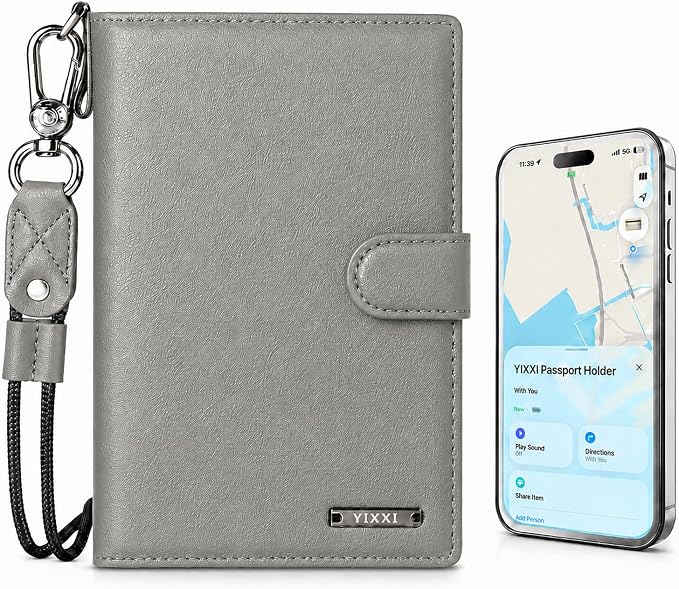 Trackable Passport Holder for Travel, RFID Blocking Wallet, Grey | Rechargeable PU leather cover works with Apple Find My and is Apple MFi certified; it includes card storage and a lanyard.
