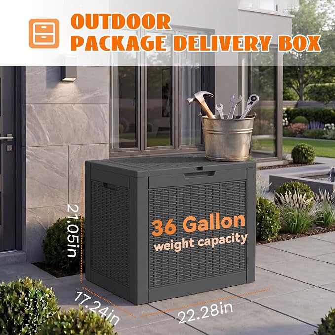 36 Gallon Package Delivery Boxes for Outside, Resin Outdoor Storage Box with Rattan Pattern, Storage Cabinet for Parcel Shipping & Storage