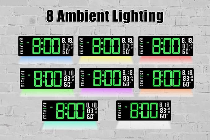 17.5 Inch Green LED Digital Wall Clock with 8 Ambient Light Colors｜Displays Time,Date,Day,Temperature&Humidity,Dual Alarms,Countdown&Stopwatch,DST,10-Level Auto/Manual Brightness｜Modern Silent Clock