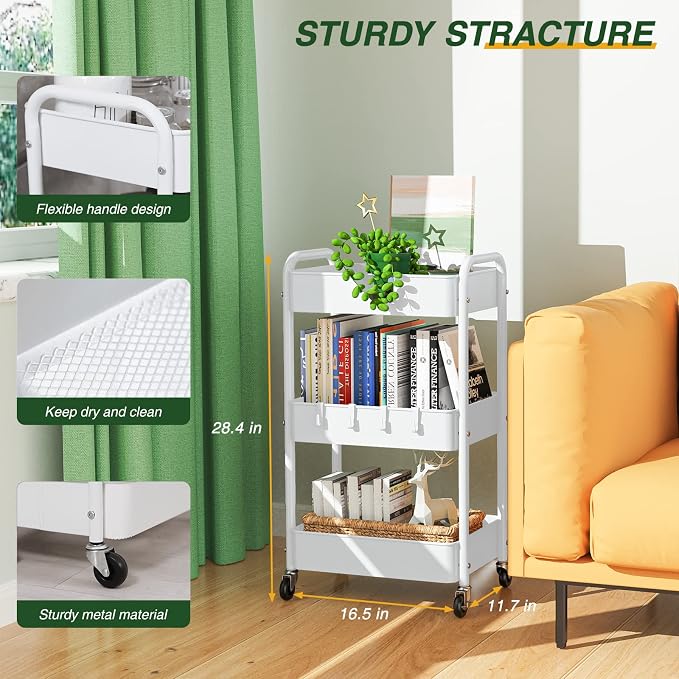 LEHOM 3 Tier Rolling Cart, Metal Rolling Utility Cart with Lockable Wheels | Multi-Functional Heavy Duty Storage Cart Organizer for Bathroom, Kitchen, Office, Living Room, Rolling Storage Trolley