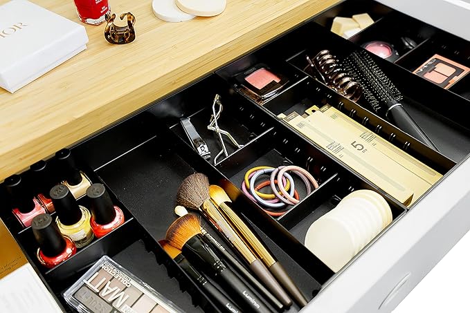 CAXXA 3 Slot Drawer Organizer with 4 Adjustable Dividers - Junk Drawer Storage for Makeup & Vanity, Office Desk Supplies and Accessories (BLACK, 1 PACK)