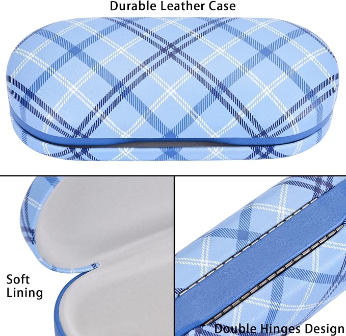 Muf 2 in 1 Contact Lens Case and Glasses Case, Double Sided Design with Mirror, Portable Travel Kit with Tweezer, Remover and Solution Bottle, Blue Plaid