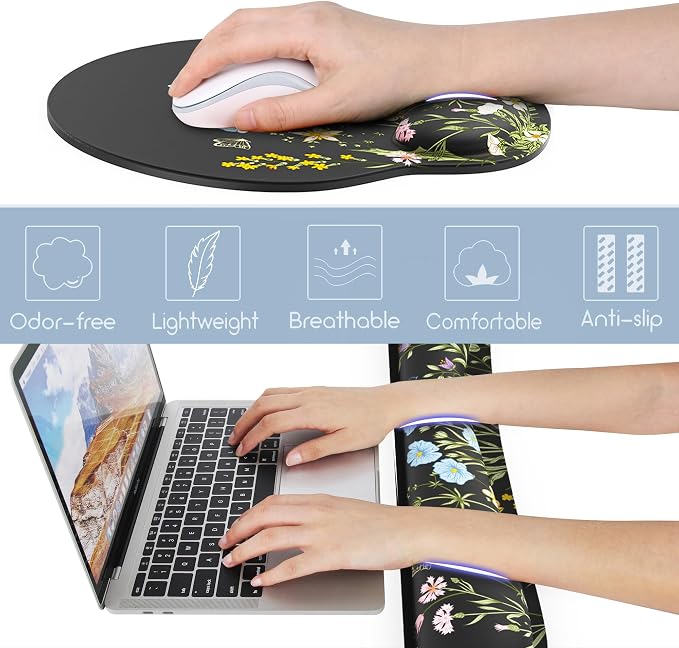 Ergonomic Mouse Pad with Wrist Rest and Keyboard Wrist Rest, Mousepad | Memory Foam Wrist Rest for Computer Keyboard, Pain Relief, Non-Slip Base, Black Mouse Pad Wrist Support for Gaming, Floral