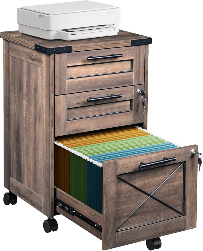 DEVAISE 3 Drawer Under Desk File Cabinet with Lock, Dark Brown | Farmhouse Style, Mobile Drawer Storage Cabinet, Rolling Printer Stand, Fits A4 or Letter-Size, Home Office
