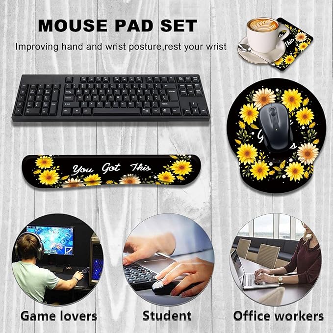 Keyboard Wrist Rest and Mouse Wrist Rest Pad with Cup Coaster,Made of Memory Foam,Ergonomic Support,Easy-Typing and Pain Relief,for Gaming Office Home Computer,You Got This Sunflower