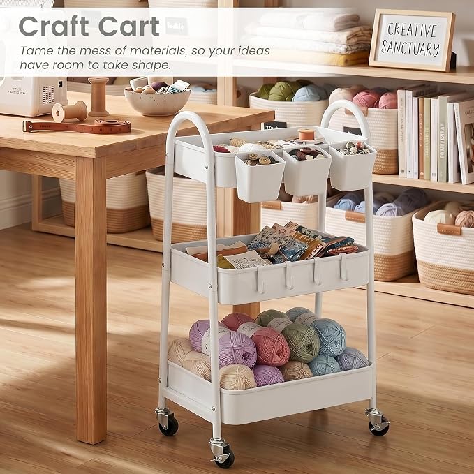 3-Tier Rolling Cart, Utility Cart Mobile Metal Rolling Storage Cart with Lockable Wheels & Hanging Cups & Hooks for Kitchen, Bathroom, Office, Workshop, White