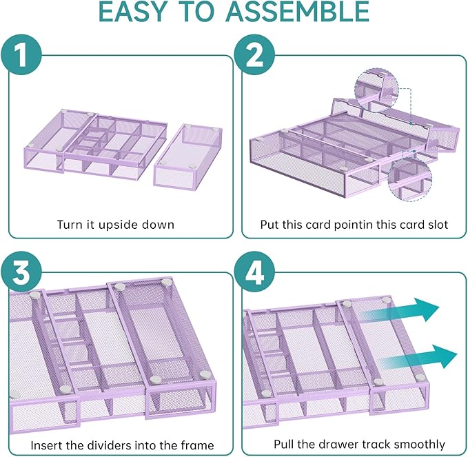 Expandable Desk Drawer Organizer Tray with 10 Adjustable Compartments, Metal Mesh Office Drawer Organizer, Versatile Desk Organizer for Home, School Supplies, Makeup Vanity & Jewelry (Purple)
