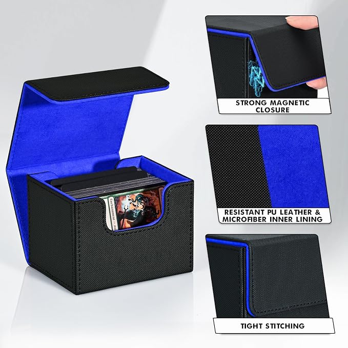 ZLCA Card Deck Box for MTG, Commander Deck Case Holds 120+ Single Sleeved Cards, Leather Magnetic Storage Box Fits for CCG TCG Sport Card (Black& Blue)