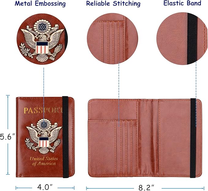 TOURSUIT RFID Blocking Passport Holder, Leather Travel Wallet, Brown | Travel Document Holder Cover Accessories, 3D Metal Badge, For Women Men