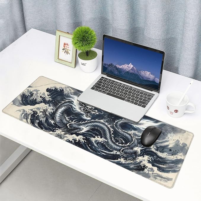 Dragon Wave Gaming Mouse Pad Large Extended Desk Mat Non-Slip Rubber Base Keyboard Pad with Stitched Edges for Office Gaming 31.5x11.8 in