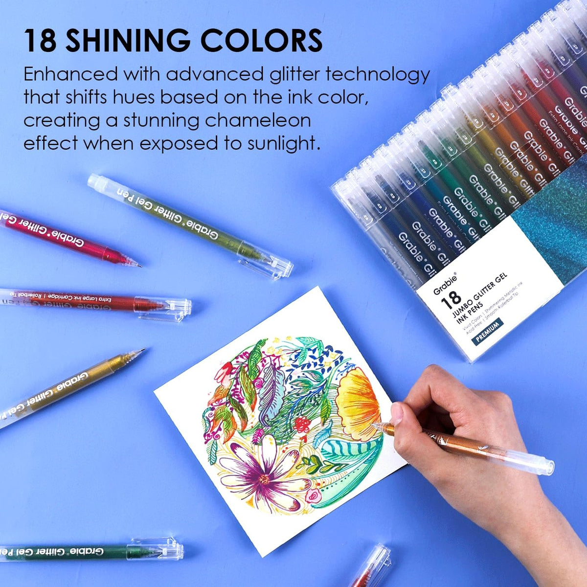 Grabie Jumbo Glitter Gel Ink Pen Set Of 18, Metallic Vibrant Sparkle Gel Pens for Coloring, Sparkle Markers, Glitter Pens for Adults (18 Colors Jumbo Gel Pens)