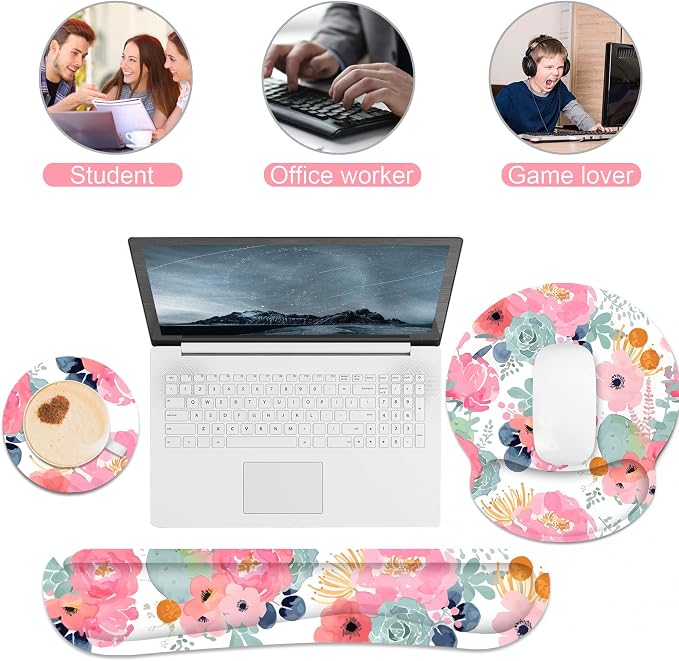 Ergonomic Mouse Pad with Wrist Rest and Keyboard Wrist Rest, Mousepad | Memory Foam Wrist Rest for Computer Keyboard, Pain Relief, Non-Slip Base, Pink Mouse Pad Wrist Support for Gaming, Flower