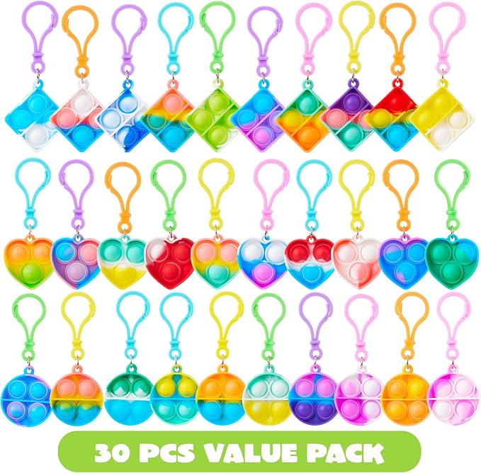 JOYIN 30 Pcs Mix Pop Fidget Keychain, 30 Pack Pop Fidget Toys Bulk Party Favors for Kids, Goodie Bags Stuffers End of Year Back to Student Gifts Classroom Prizes Birthday Sensory Toys