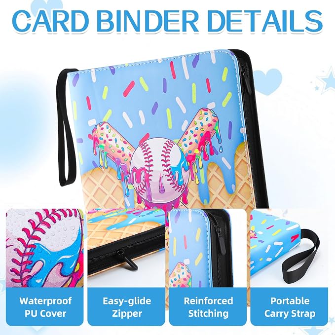Ice Cream Drip Pattern Baseball Card Binder Waterproof Trading Card Binder Portable Collector Cardholder Album Case Gifts Baseball Cardholder for Boys Sports Game Supplies(900 Pocket,Blue)