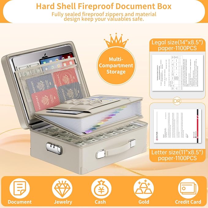 DocSafe 6400°F Fireproof Document Box with Lock, 10 Layers Heat Insulated | Fire&Water Resistant,Hard Case Safe Box with Zipper＆Multi Pockets, Protects Personal Items,Documents,Laptop,Passport,Beige
