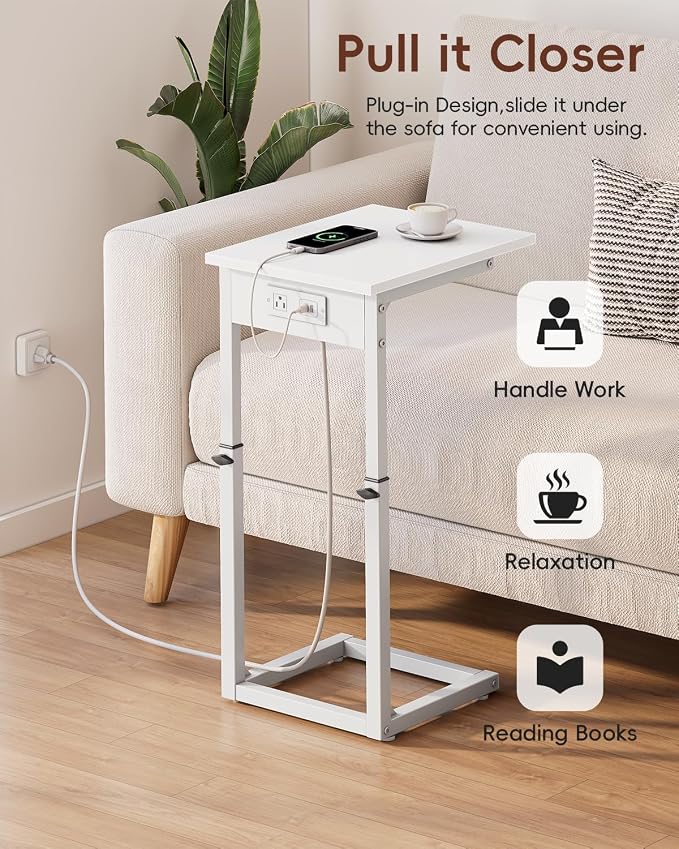 C Shaped End Table with Charging Station, C Table End Table Adjustable Height Sofa Table, Side Table for Couch, Couch Table that Slide Under, TV Tray Arm Table for Living Room,Bedroom, White
