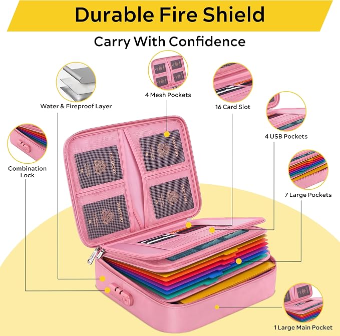 Fireproof Document Box with Lock, 13-Folder File Organizer Bag | 13 accordion folders for passports, certificates, cash & important documents, ideal for home office travel storage