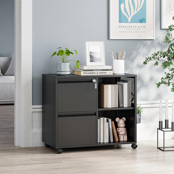MIIIKO 2 Drawer File Cabinet with Lock, Metal Lateral Rolling Printer Stand Filing Cabinets with Drawers for Home Office,A4, Letter Size File Folders(Black)
