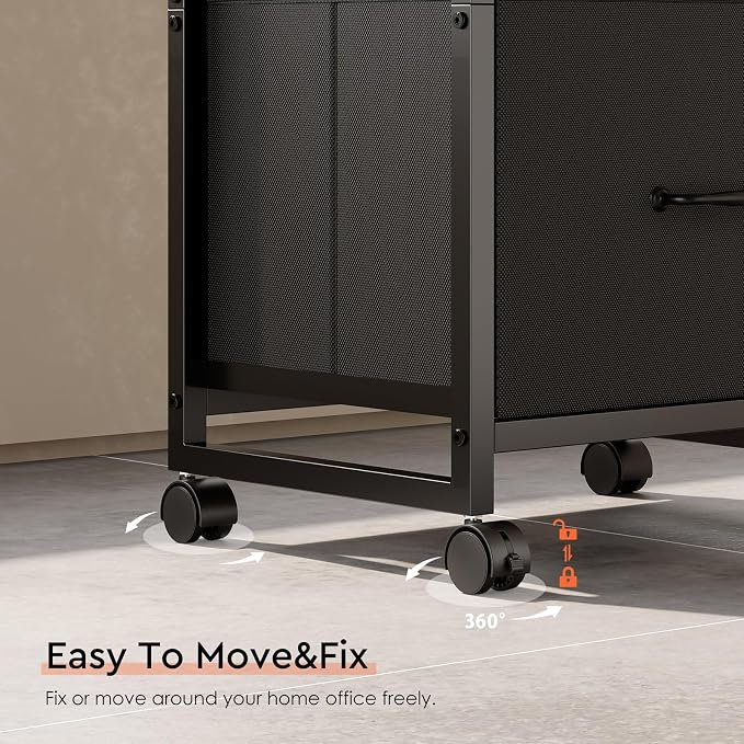 3 Drawer File Cabinet with Wheels with Open Storage Shelf, Black | Rolling Printer Stand Fabric Lateral Filing Cabinet for Home Office