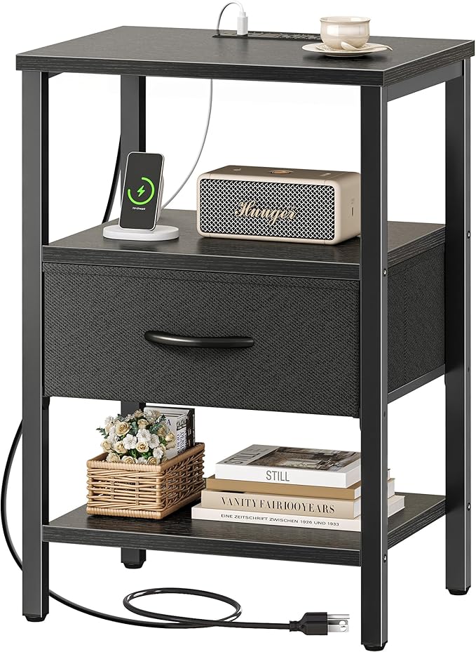 SUPERJARE Nightstand with Charging Station, Bed Side Table with Adjustable Fabric Drawer, Night Stand for Bedroom, 3-Tier Storage End Table, for Living Room, Black | Night Stand for Bedroom, with Adjustable Fabric Drawer, 3-Tier Storage End Table, for ...