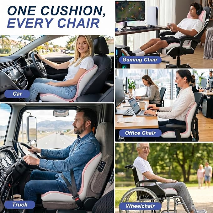 Seat Cushion for Office Chair and Car, Ergonomic Memory Foam Seat Cushion with Lumbar Support Pillow, Orthopedic Cushion for Sciatica & Back Pain, Pink & Light Gray