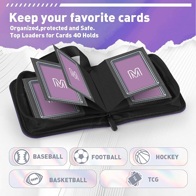 1 Pocket Toploader Binder Holds 40 Cards with 20 Sleeves Collectible Trading Card Album, for 3x4 Toploaders Hard Cases for TCG, MTG, Sports, Baseball, Football, Small Sports Card Book (1Purple)