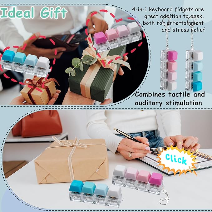 2 PCS Keyboard Fidget Toy, Keyboard Fidget Keychain 4-in-1 Keyboard Decompression Button Finger Clicker Toys, Button Stress Relief Fidget Gifts to Relief Stress (Blue Pink)