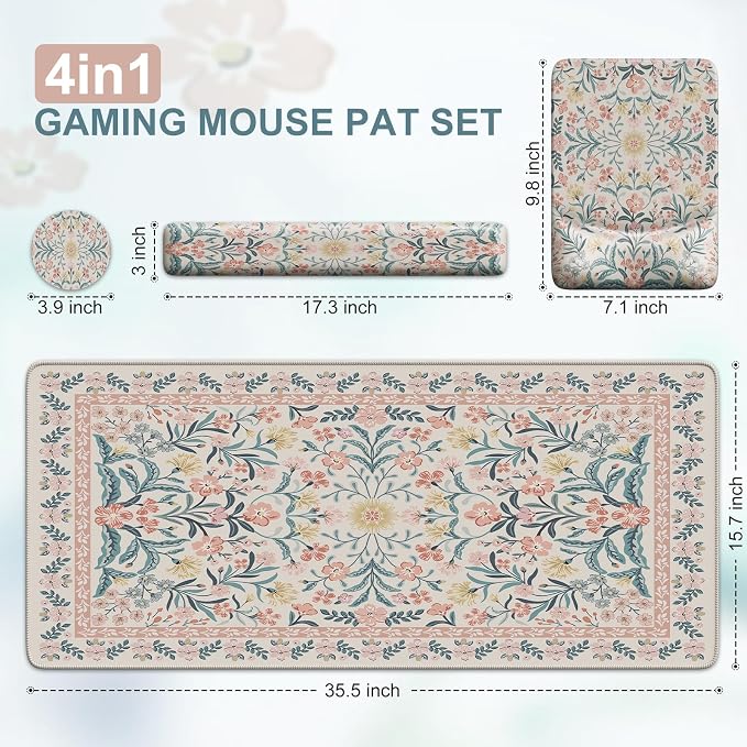 iCasso Mouse Pad with Wrist Rest, Ergonomic Large Desk Mat Set, Pink | Keyboard Pad with Wrist Support, Non-Slip Mouse Mat for Women, Cute Floral Computer Mat for Home Office Gaming