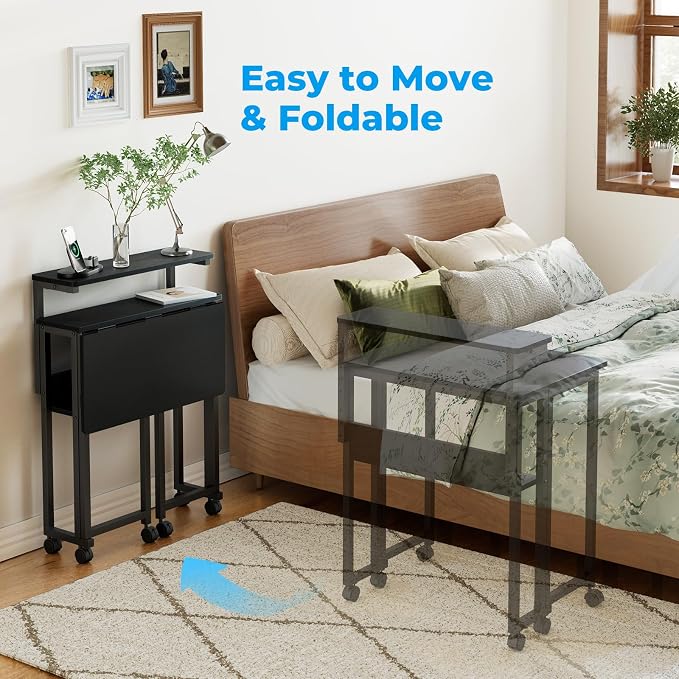 GreenForest Folding Desk with Adjustable Monitor Stand, 24.8 in Small Desk | Storage Shelf, Lockable Wheels, Portable, Space Saving, Mobile Rolling Table for Small Spaces, Home Office, Writing, Black