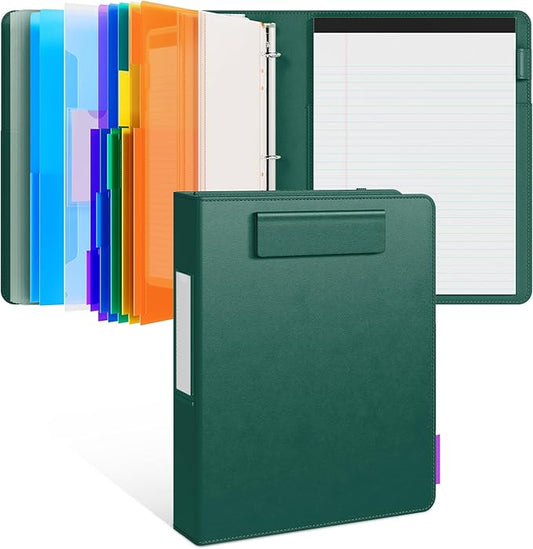 JoyCat 3 Ring Binder Clipboard with Storage, 5 Folders, Dark Green | 3 ring clipboard portfolio combines five expandable folders, a refillable letter-size notepad and storage