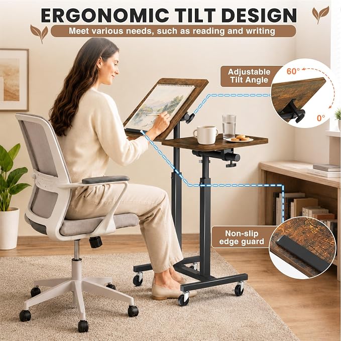 Elowen Rolling Laptop Desk with Wheels, Double-Pole Portable Overbed Table | Mobile Tilting Small Standing Desk, Large-Size Adjustable Height Computer Desk for Office Home Use