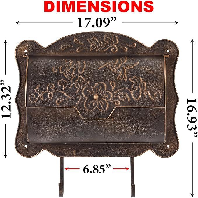 Wall Mount Mailbox with Newspaper Holder, Metal Wall Mailboxes for Outside, Vintage Decorative Front Porch Mail Box Wall Mounted, Horizontal Outdoor Mailbox with Hummingbird Accent, 17" x 5" x 17"