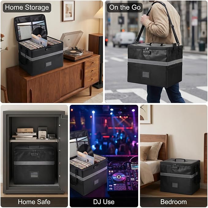 Calenzana Vinyl Record Storage Box with Lock, Fireproof Water Resistant Record Organizer for 150+ Single Records 12-inch, Collapsible Crate Box for Valuable Album, 16.7'' x 13.2'' x 13.4''