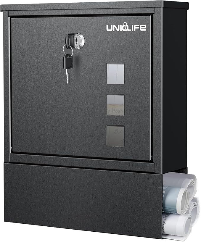 Uniclife Wall Mount Mailbox, Mailboxes for Outside, Large Modern Mail Box with Key Lock, Security Locking Drop Box for Newspaper House Office Outdoor, Black