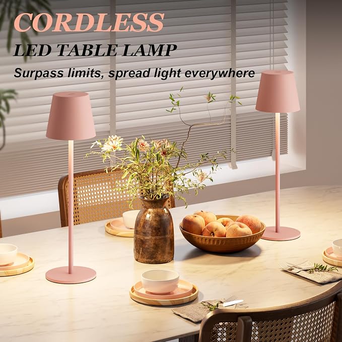 Kakanuo Cordless Table Lamp Rechargeable Pink - KK 2 Pack 5000mAH Battery Operated Lamp for Counter, 3 Color Stepless Dimming Wireless Lamp for Dining Kitchen, Outdoor Patio, Touch Control