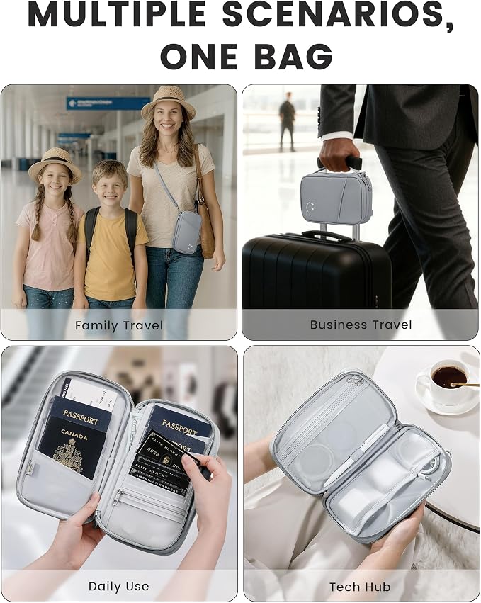 Travelkin Passport Holder For Travel Family, RFID Blocking Passport Wallet | 2-in-1 Travel Organizer, Women Men, Travel document holder, Credit Cards, Cash, Electronic Essentials, Shoulder carry
