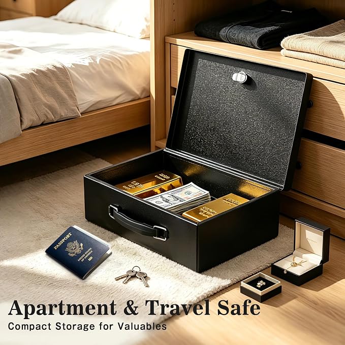 xydled Fireproof Document Box with Key Lock, Fire Safe Box, Black | Fire and water resistant lock box for documents, passports, cash and valuables, keeping secure at home, 12.8 x 8.5 x 4.5 Inch