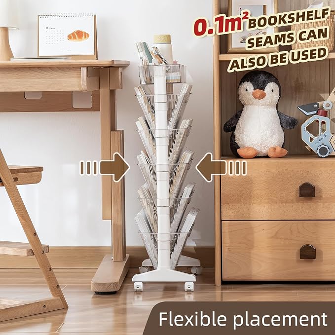 5 Tier Rolling Book Cart Multi-Functional Movable Storage Bookshelves | rolling bookshelf,Movable Storage Bookshelves with Lockable Wheels for Study Office Library Classroom,