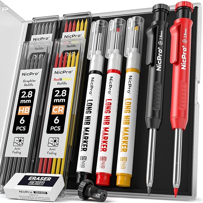 Nicpro CP1000 Carpenter Pencils with Sharpener, 2 Pack | Mechanical Carpenter Pencil+26 Refills, Deep Hole Long Nib Marker for Construction, Heavy Duty Woodworking Pencil for Marking