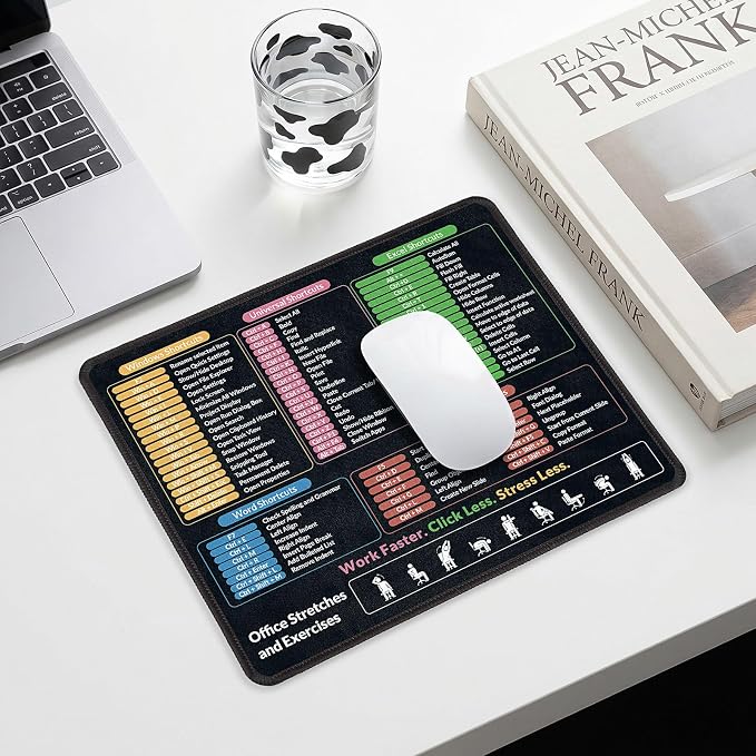 KONVINIT Ergonomic Mouse Pad with Wrist Rest, Small Excel Cheat Sheet Desk Pad with Windows & Office & Excel Shortcuts, Non-Slip Rubber Base Mouse Pads for Desk with Smooth Surface, Black