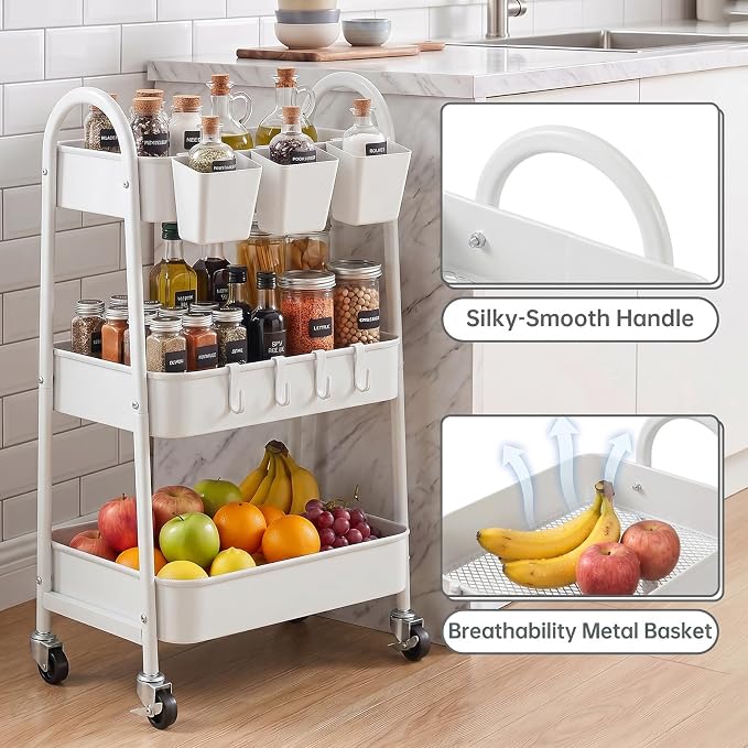 3-Tier Rolling Cart, Utility Cart Mobile Metal Rolling Storage Cart with Lockable Wheels & Hanging Cups & Hooks for Kitchen, Bathroom, Office, Workshop, White