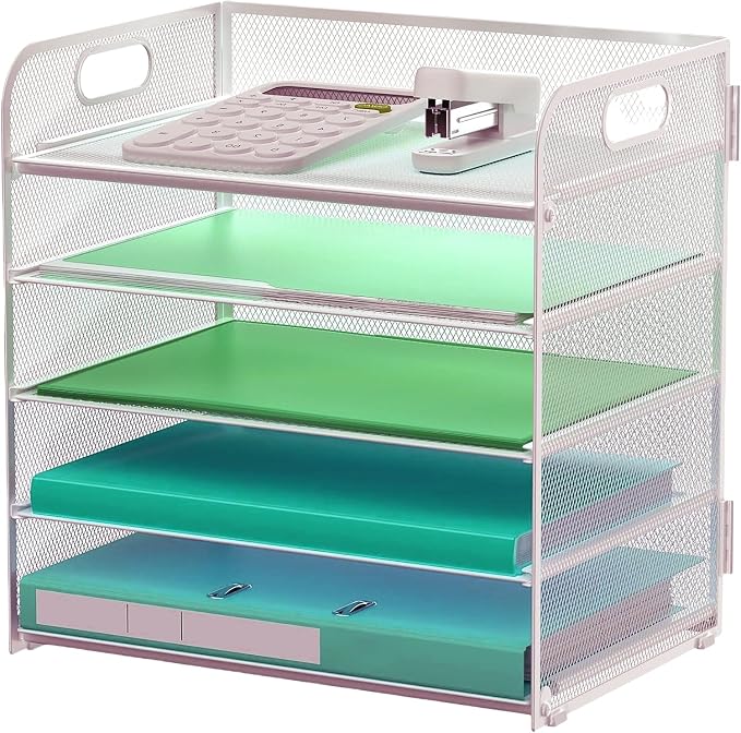 Letter Tray Paper Organizer 5-Tier Desk Organizer File Organizer Paper Holder with Handle, Metal Desktop Document Shelf Tray Office Classroom Organization - Silver