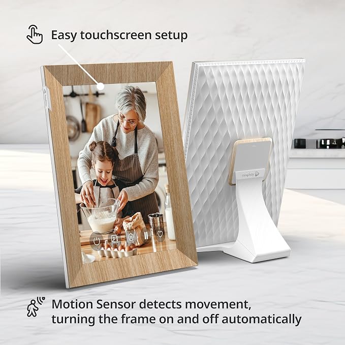 Nixplay Digital Touch Screen Picture Frame with WiFi - 10.1” Photo Frame, Connecting Families & Friends (White/Wood)