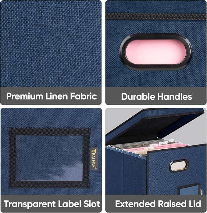 BALEINE File Organizer Box with Lid, Collapsible Hanging File Storage Box | Smooth Plastic Rails, Textured Fabric Exterior, Collapsible Hanging File Folder Box for Office Document Storage